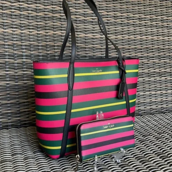 Kate Spade Wrapping Paper Large Tote Multi & Staci Wrapping Paper Stripes Wallet - Picture 2 of 16